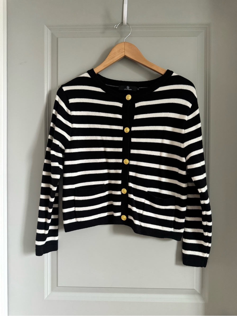 Classic Striped Crewneck Cardigan Sweater - Black & White